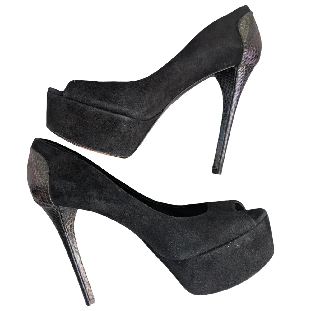 Brian Atwood Black Suede Snake Print Platform Pumps Heels Size 9 Designer Luxury
